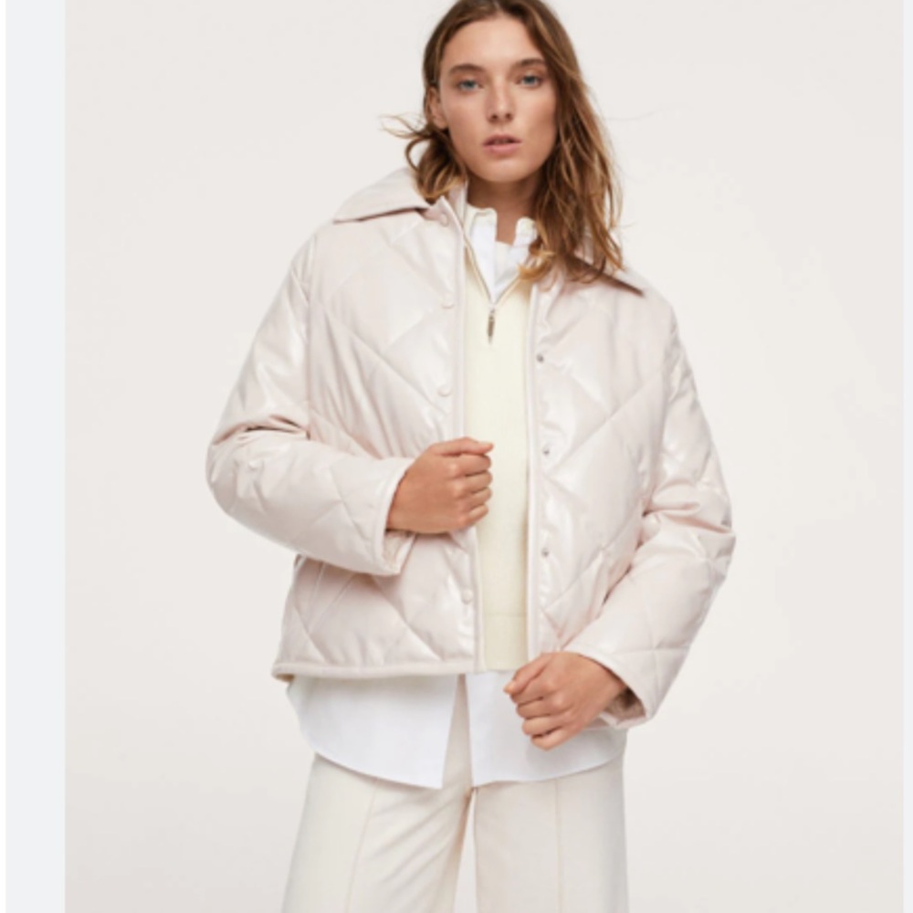 MNG  Ecru Coated Quilted Shearling Jacket